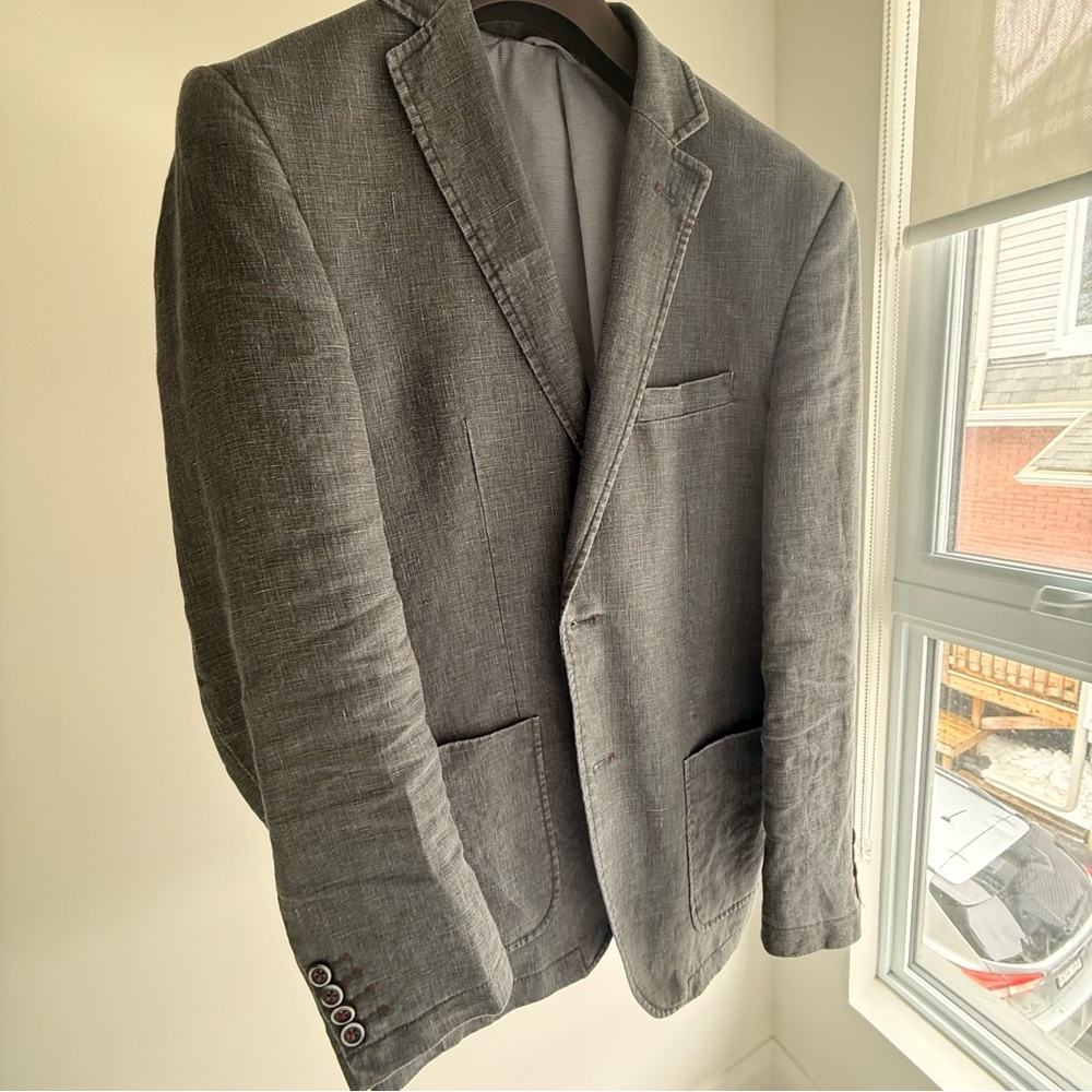 L’Habit 38R Gray 100% Linen Sport Coat Blazer Double Vent Red Contrast Stitching